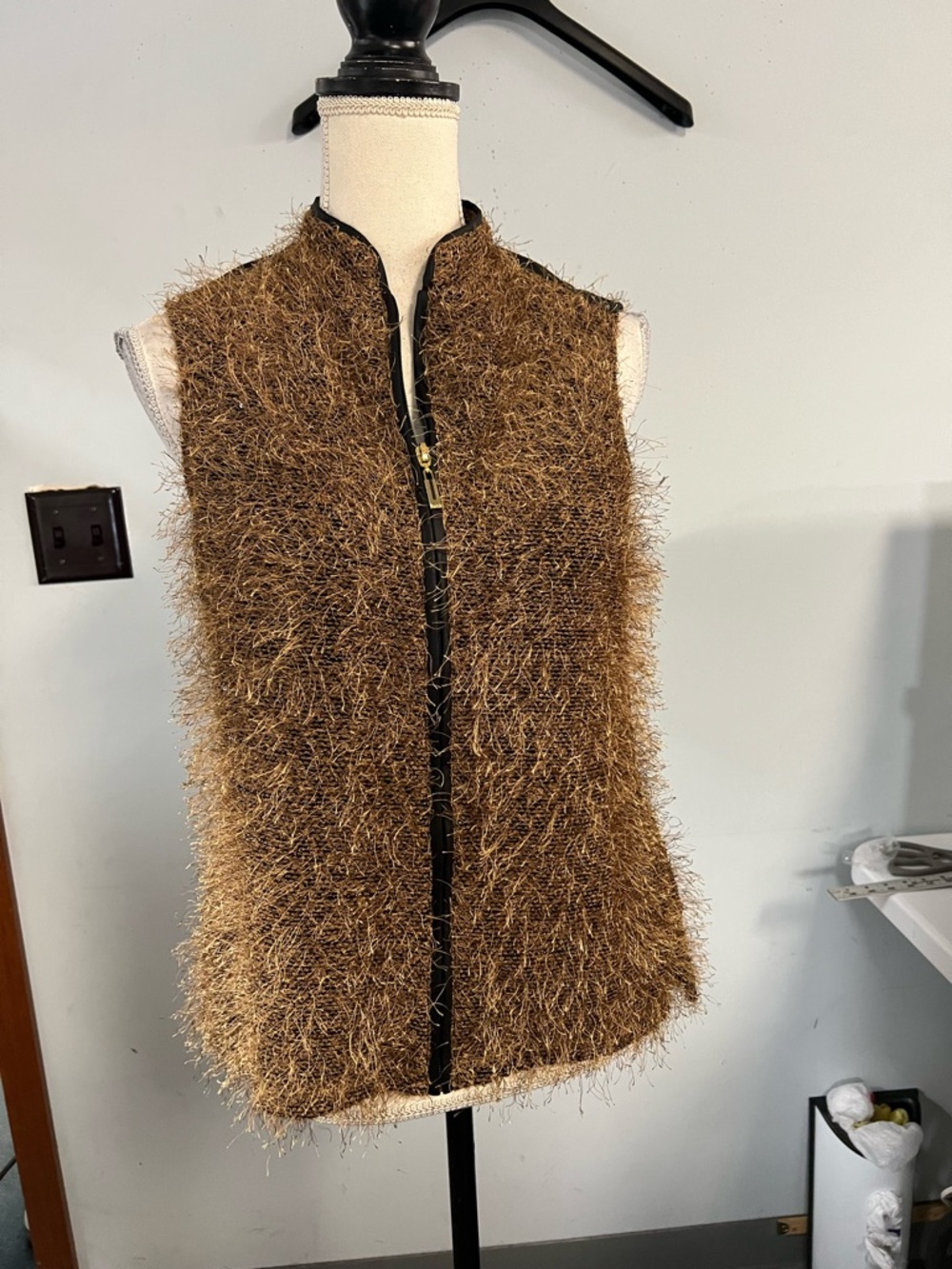 Jamie Sadock Vest Womens M Brown Faux Fur Fuzzy Layered Mesh Full Zip Artsy - Picture 16 of 16